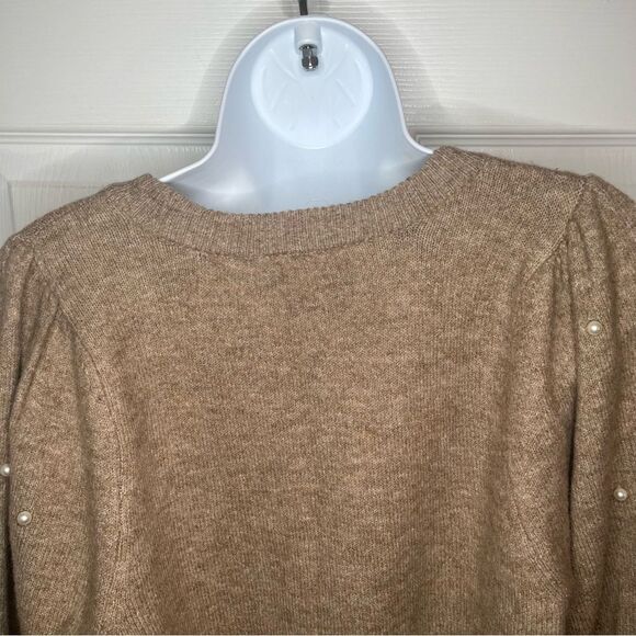 CeCe Tan Crew Neck Pearl Knit Embellished Sweater Long Balloon Sleeves S - Picture 7 of 9